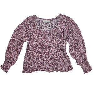 LOFT Size Small Floral Print Long Sleeve Button Front Blouse Top Burgundy